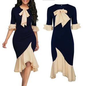 Women Crew Neck Bow Tie Half Bell Sleeve Ruffle Maxi Bodycon Dress Size Large